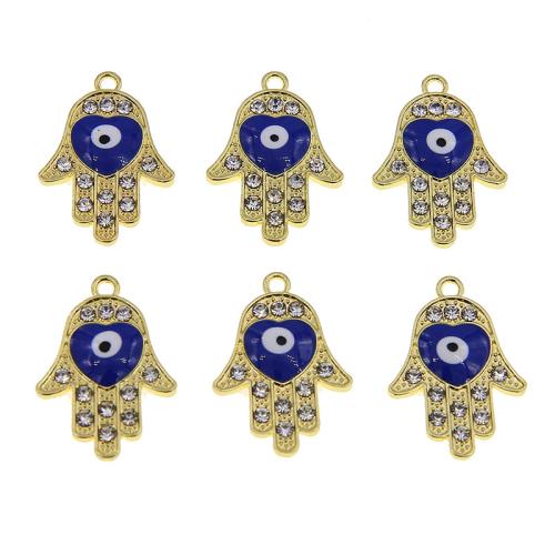 Zinc Alloy Evil Eye Pendant, Hand, gold color plated, DIY & evil eye pattern & enamel & with rhinestone, blue [