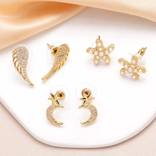 Cubic Zirconia Micro Pave Brass Earring, with Plastic Pearl, gold color plated, fashion jewelry & micro pave cubic zirconia, golden 