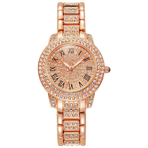 Women Wrist Watch, 304 Stainless Steel, with Glass & Zinc Alloy, Chinese movement & for woman & luminated & with rhinestone, rose gold color [