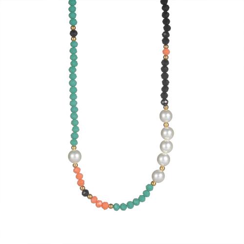 Gemstone Necklaces, Titanium Steel, with Natural Stone & Plastic Pearl, with 5cm extender chain, handmade, fashion jewelry & for woman, multi-colored cm 