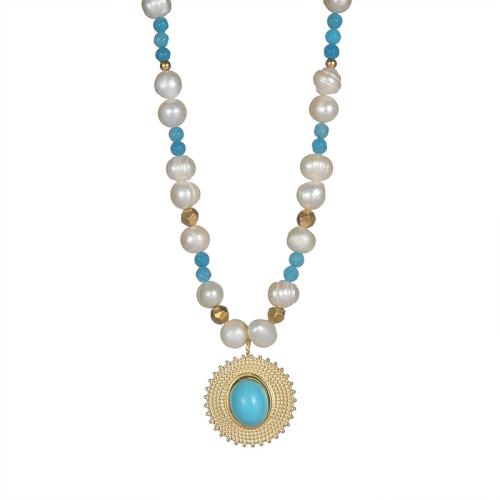 Gemstone Necklaces, 304 Stainless Steel, with Natural Stone & Plastic Pearl, with 6cm extender chain, handmade, fashion jewelry & for woman, gold cm 