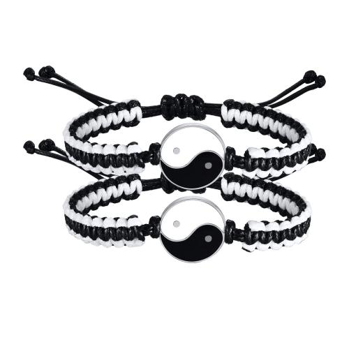 Gemstone Bracelets, Zinc Alloy, with Howlite & Abrazine Stone & Wax Cord & Polyester Cord & Nylon Cord, handmade, 2 pieces & Unisex & micro pave cubic zirconia & enamel, white and black 