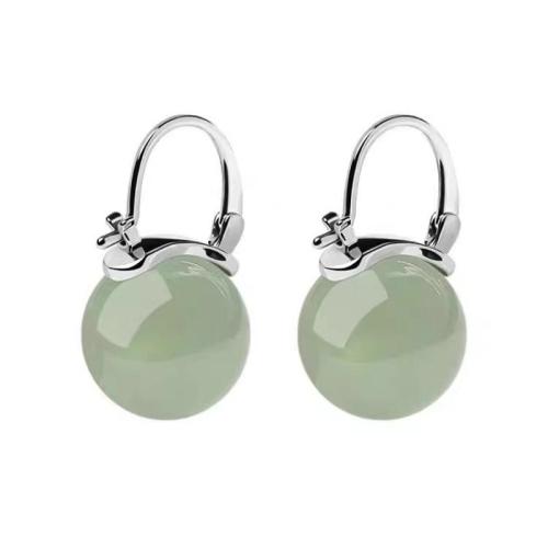 Brass Lever Back Earring, with Green Jade & Plastic Pearl, Round, plated & for woman, 22mm 