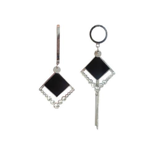 Zinc Alloy Huggie Hoop Drop Earring, Rhombus, platinum color plated, for woman & enamel & with rhinestone & hollow 