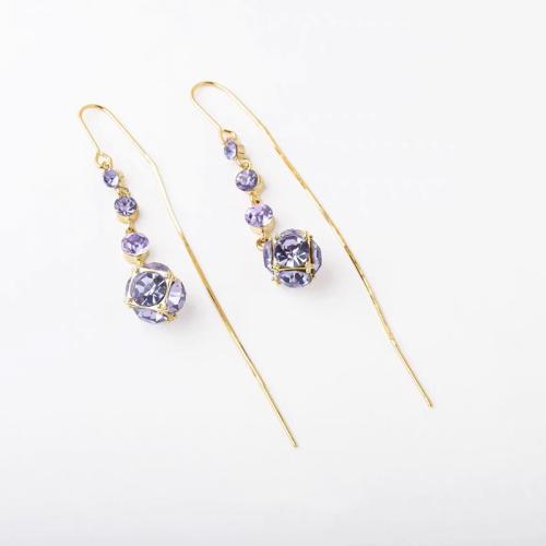 Brass Thread Through Earrings, Geometrical Pattern, gold color plated, for woman & with rhinestone 