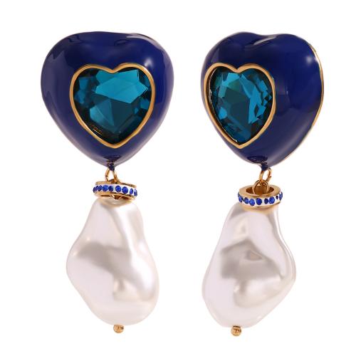 Stainless Steel Drop Earring, 304 Stainless Steel, with Plastic Pearl, 18K gold plated, fashion jewelry & for woman & enamel & with rhinestone 