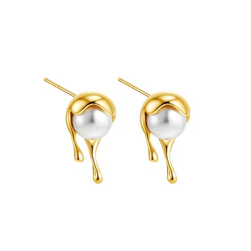 Stainless Steel Stud Earring, 304 Stainless Steel, with Plastic Pearl, 18K gold plated, fashion jewelry & for woman, golden 