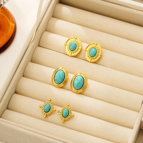 Stainless Steel Stud Earring, 304 Stainless Steel, with turquoise, 18K gold plated, fashion jewelry & for woman, golden 