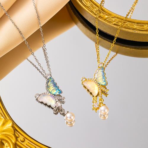 Titanium Steel Jewelry Necklace, with Plastic Pearl, Butterfly, plated, for woman & enamel & with rhinestone cm 