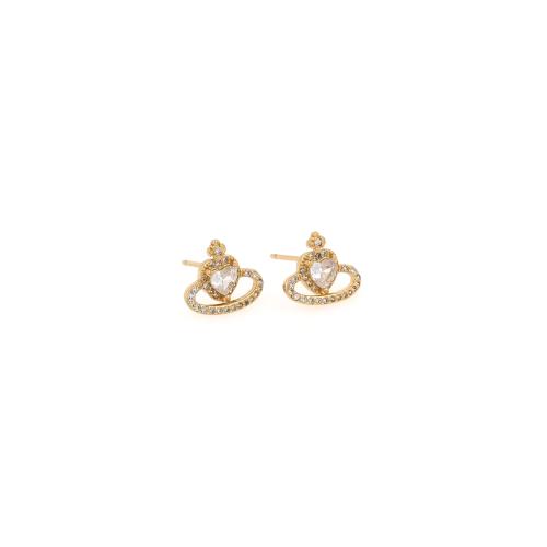 Cubic Zirconia Pendiente Brass Micro Pave, metal, Corazón, chapado en color dorado, Joyería & micro arcilla de zirconia cúbica & para mujer, 12x10x3.5mm, Vendido por UD[