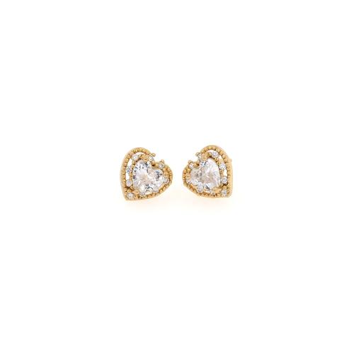 Cubic Zirconia Pendiente Brass Micro Pave, metal, Corazón, chapado en color dorado, Joyería & micro arcilla de zirconia cúbica & para mujer, 10.5x10x4mm, Vendido por Par[