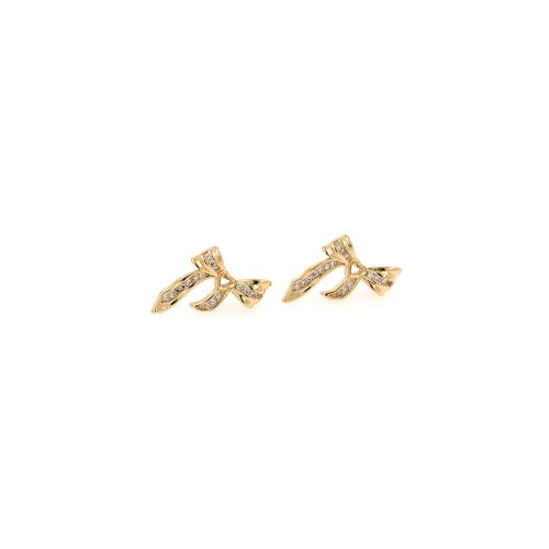 Cubic Zirconia Pendiente Brass Micro Pave, metal, Lazo, chapado en color dorado, Joyería & micro arcilla de zirconia cúbica & para mujer, 11.5x9.5x3.5mm, Vendido por Par[