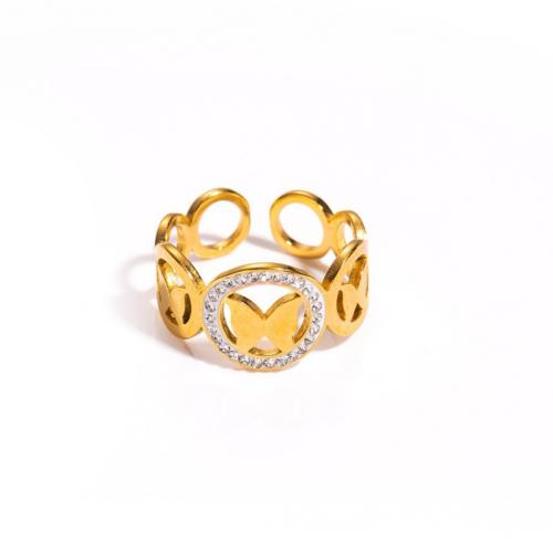 Titanium Steel Finger Ring, gold color plated, fashion jewelry & with rhinestone, golden 