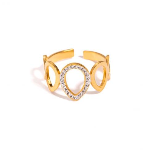 Titanium Steel Finger Ring, gold color plated, fashion jewelry & with rhinestone, golden 