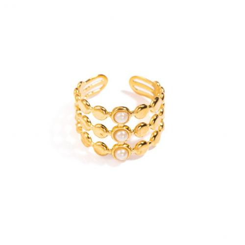 Titanium Steel Finger Ring, with Plastic Pearl, gold color plated, fashion jewelry, golden 