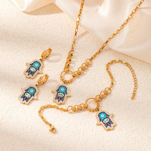 Evil Eye Jewelry Set, Titanium Steel, gold color plated, fashion jewelry & enamel & with rhinestone, golden [