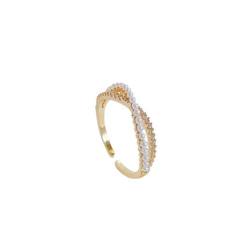 Anillo de dedo de cobre amarillo zirconia pavimenta Cubic, metal, con Perlas plásticas, chapado, micro arcilla de zirconia cúbica & para mujer, dorado, Vendido por UD