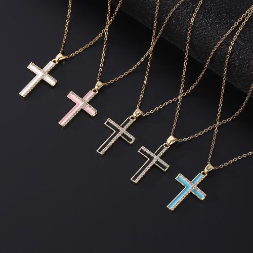 Cubic Zircon Micro Pave Brass Necklace, Cross, plated, micro pave cubic zirconia & for woman & enamel 