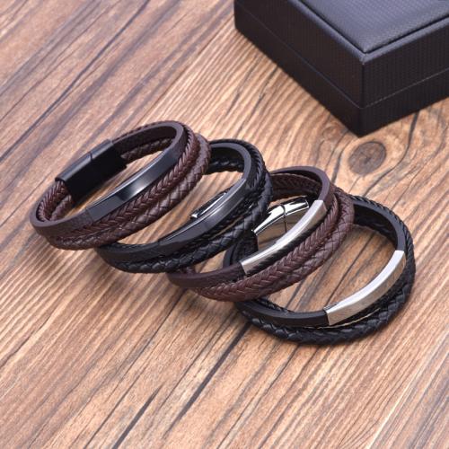 PU Leather Cord Bracelets, Zinc Alloy, with Magnet & PU Leather & 304 Stainless Steel, Vacuum Ion Plating, three layers & for man cm 