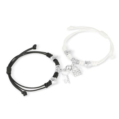 Fashion Create Wax Cord Bracelets, 304 Stainless Steel, with Wax Cord, handmade, 2 pieces & Unisex & micro pave cubic zirconia & enamel, white and black Approx 16 cm 