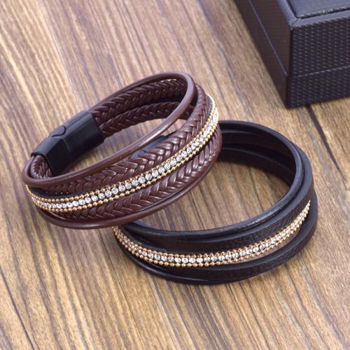 PU Leather Cord Bracelets, Zinc Alloy, with Magnet & PU Leather, plated, multilayer & for man & with rhinestone .5 cm 