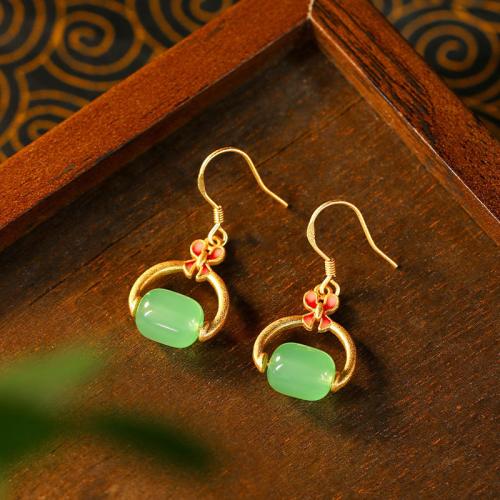 Zinc Alloy Drop Earring, with Synthetic Jade, gold color plated, for woman & hollow 