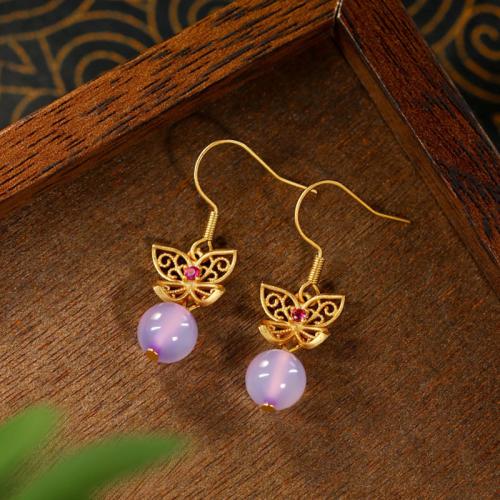 Zinc Alloy Drop Earring, with Chalcedony, Butterfly, gold color plated, for woman & hollow 