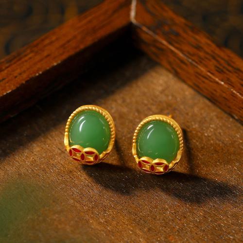 Zinc Alloy Stud Earring, with Synthetic Jade, gold color plated, vintage & for woman & enamel 