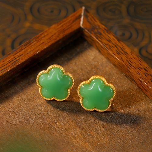 Zinc Alloy Stud Earring, with Synthetic Jade, Plum Blossom, gold color plated, vintage & for woman 