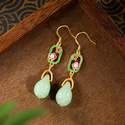 Zinc Alloy Drop Earring, with Synthetic Jade, Flower, gold color plated, for woman & enamel & hollow 