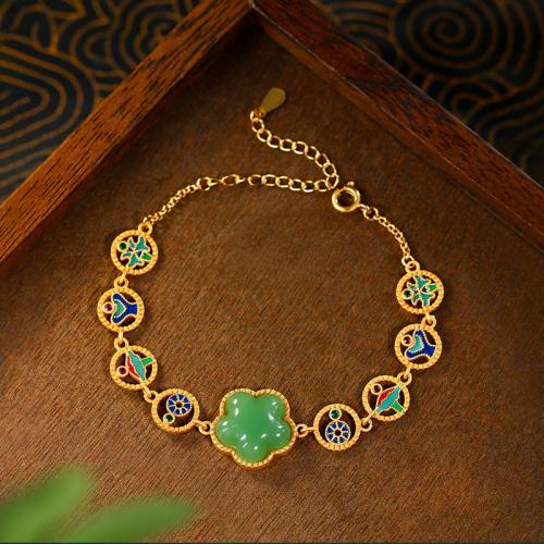 Zinc Alloy Bracelet, with Synthetic Jade, gold color plated, for woman & enamel & with rhinestone & hollow Approx 6-8 Inch 