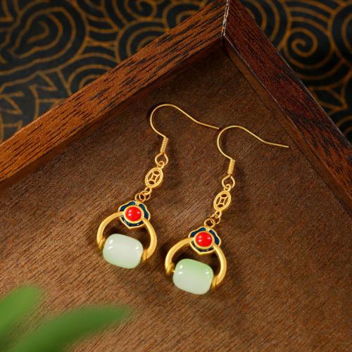 Zinc Alloy Drop Earring, with Synthetic Jade, gold color plated, vintage & for woman & enamel & hollow 