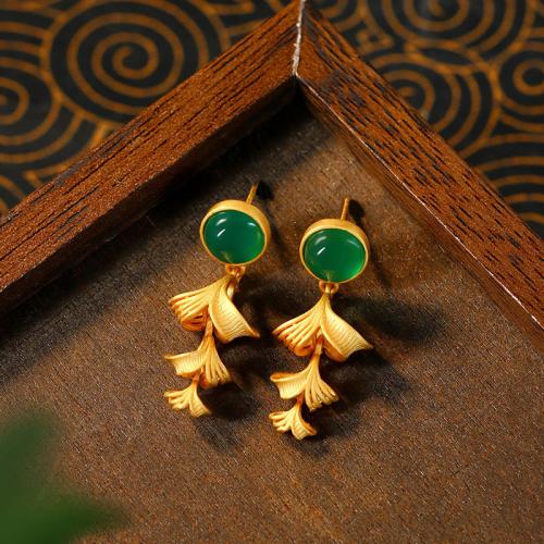 Zinc Alloy Drop Earring, with Synthetic Jade, Ginkgo Leaf, gold color plated, for woman & hollow 