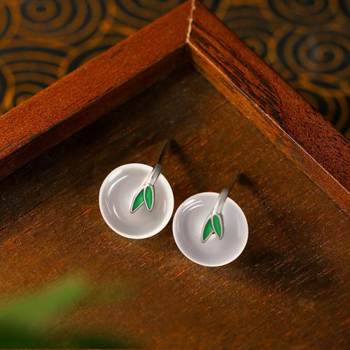 Zinc Alloy Stud Earring, with Chalcedony, Leaf, silver color plated, vintage & for woman 