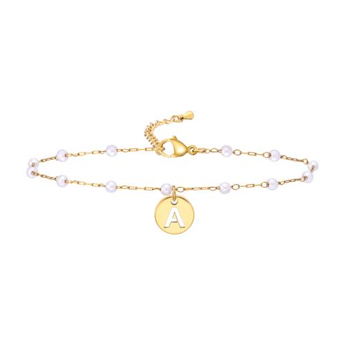 Stainless Steel Anklets Jewelry, 304 Stainless Steel, with Plastic Pearl, Round, 18K gold plated, fashion jewelry & for woman, golden Approx 21-26 cm 