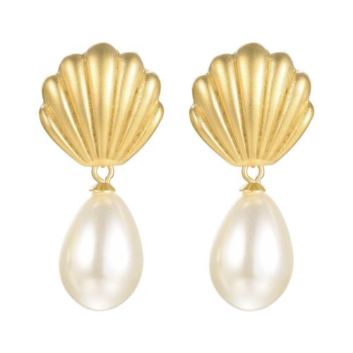 Stainless Steel Drop Earring, 304 Stainless Steel, with Plastic Pearl, fashion jewelry & for woman, golden, 31mm 