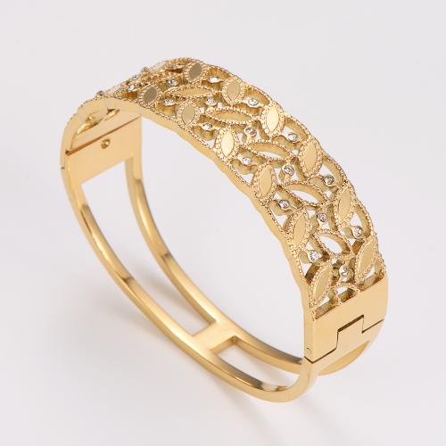 Brazalete del acero inoxidable, acero inoxidable 304, Recubrimiento iónico al vacío, Joyería & para mujer & con diamantes de imitación, dorado, 18mm, diámetro interior:aproximado 60x50mm, Vendido por UD