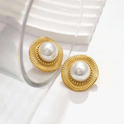 Stainless Steel Stud Earring, 304 Stainless Steel, with Plastic Pearl, gold color plated, for woman 