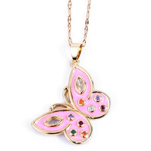 Collier en laiton cubique Zircon Micro Pave, avec 5CM chaînes de rallonge, papillon, Placage de couleur d'or, pavé de micro zircon & pour femme & émail, plus de couleurs à choisir Environ 40 cm, Vendu par PC