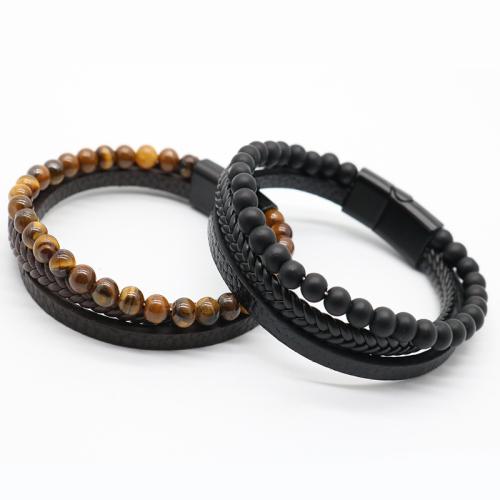 PU Leather Cord Bracelets, Zinc Alloy, with Magnet & PU Leather & Lava & Tiger Eye, plated, three layers & Unisex cm 