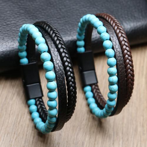 PU Leather Cord Bracelets, Zinc Alloy, with Magnet & PU Leather & Natural Turquoise, plated, three layers & Unisex cm 