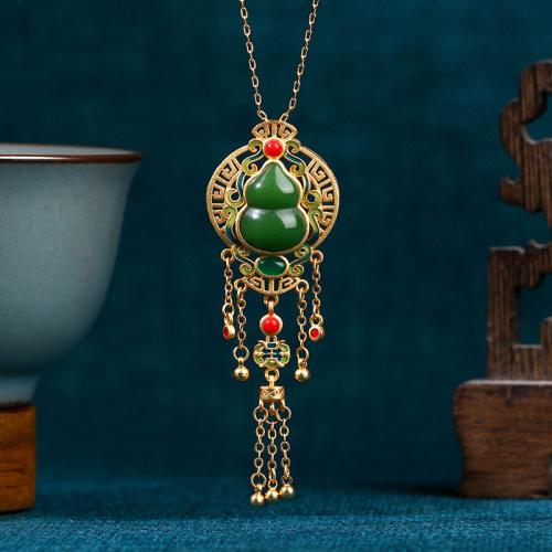 Brass Necklace, with Synthetic Jade, Calabash, gold color plated, Imitation Hetian Jade & oval chain & for woman & enamel & hollow Approx 17.7 Inch 