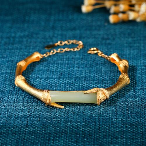 Brass Bracelet, with Synthetic Jade, Bamboo, gold color plated, vintage & for woman Approx 6-8 Inch 