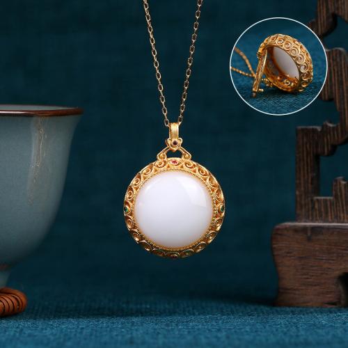 Brass Perfume Locket Necklace, with Synthetic Jade, gold color plated, vintage & oval chain & for woman & hollow Approx 17.7 Inch 