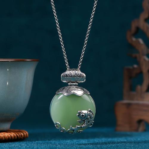 Zinc Alloy Necklace, with Synthetic Jade, Fish, silver color plated, vintage & oval chain & for woman & hollow Approx 17.7 Inch 