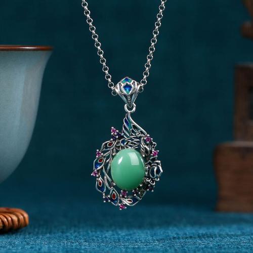 Zinc Alloy Necklace, with Synthetic Jade, Phoenix, silver color plated, vintage & oval chain & for woman & enamel Approx 17.7 Inch 