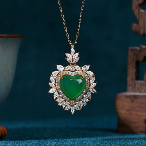 Zinc Alloy Necklace, with Green Calcedony, Heart, gold color plated, oval chain & for woman & with rhinestone Approx 17.7 Inch 