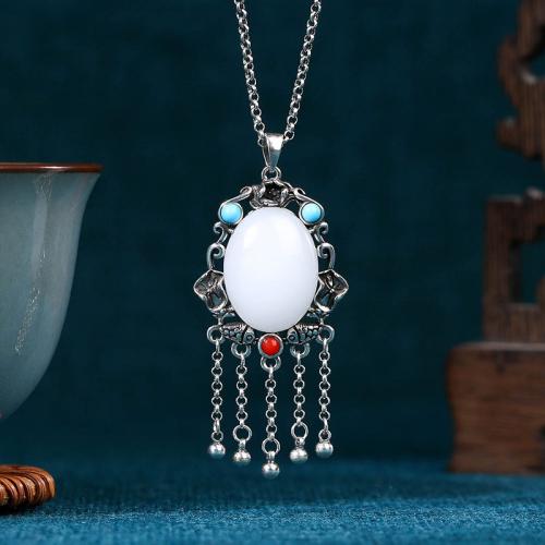 Zinc Alloy Necklace, with Synthetic Jade, silver color plated, vintage & oval chain & for woman Approx 17.7 Inch 