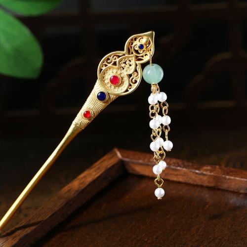 Zinc Alloy Hair Stick, with Synthetic Jade & Plastic Pearl, gold color plated, vintage & for woman & hollow 