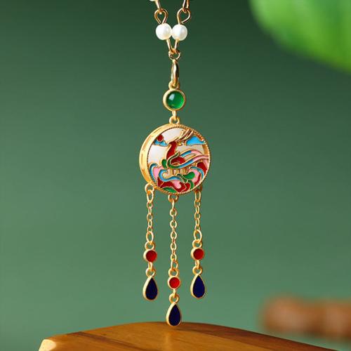 Zinc Alloy Necklace, with Synthetic Jade & Plastic Pearl, gold color plated, vintage & oval chain & for woman & enamel Approx 17.7 Inch 